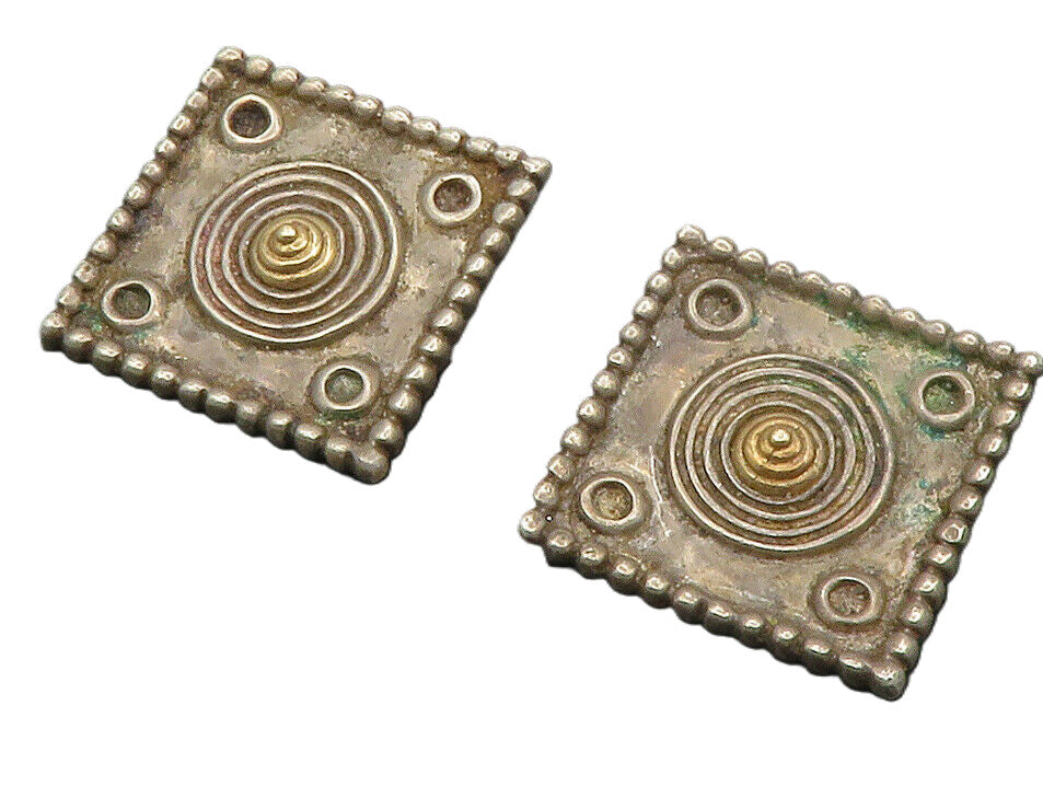 PETER BRAMS 925 Silver & 14K GOLD  Vintage Square Non Pierce Earrings  EG6879