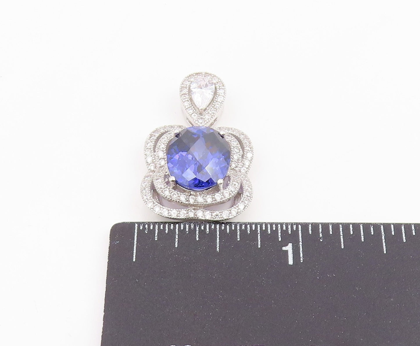 925 Sterling Silver Vintage Pendant CELINE F  Tanzanite Halo CZ Charm  PT25945