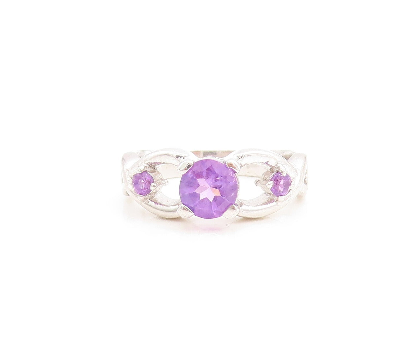 925 Sterling Silver Vintage Ring Designer Cutout Round Amethyst  Sz 7  RG31188