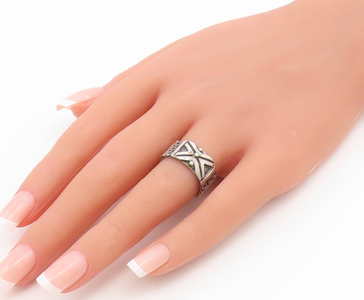 925 Sterling Silver Vintage Ring Brutalist Geometric Pattern Band  Sz 7  RG36840
