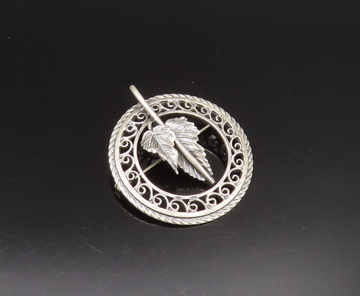 DANECRAFT 925 Silver  Vintage Antique Leaf & Swirl Border Brooch Pin  BP9593