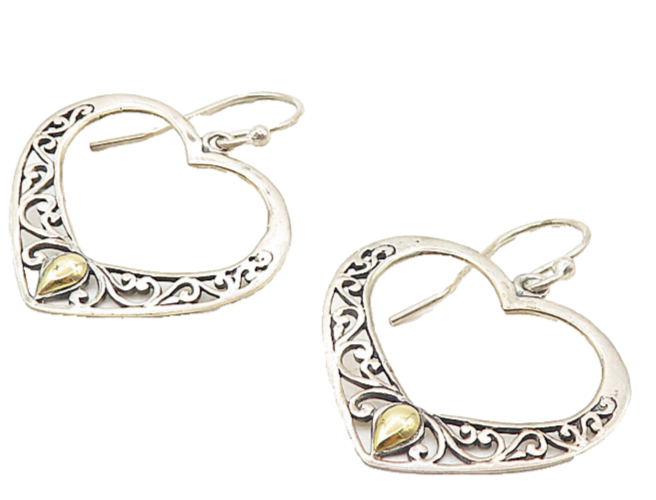 925 Silver & 18K GOLD  Vintage Two Tone Open Love Heart Drop Earrings  EG3865
