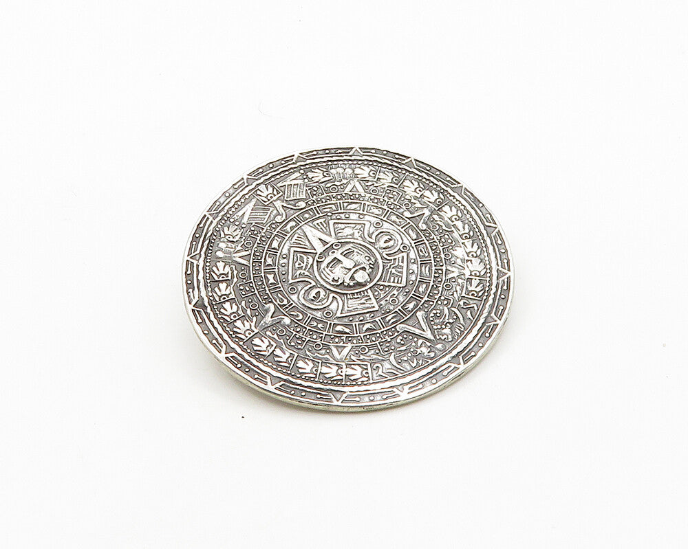 MEXICO 925 Silver  Vintage Shiny Mayan Aztec Sun Calendar Brooch Pin  BP7752