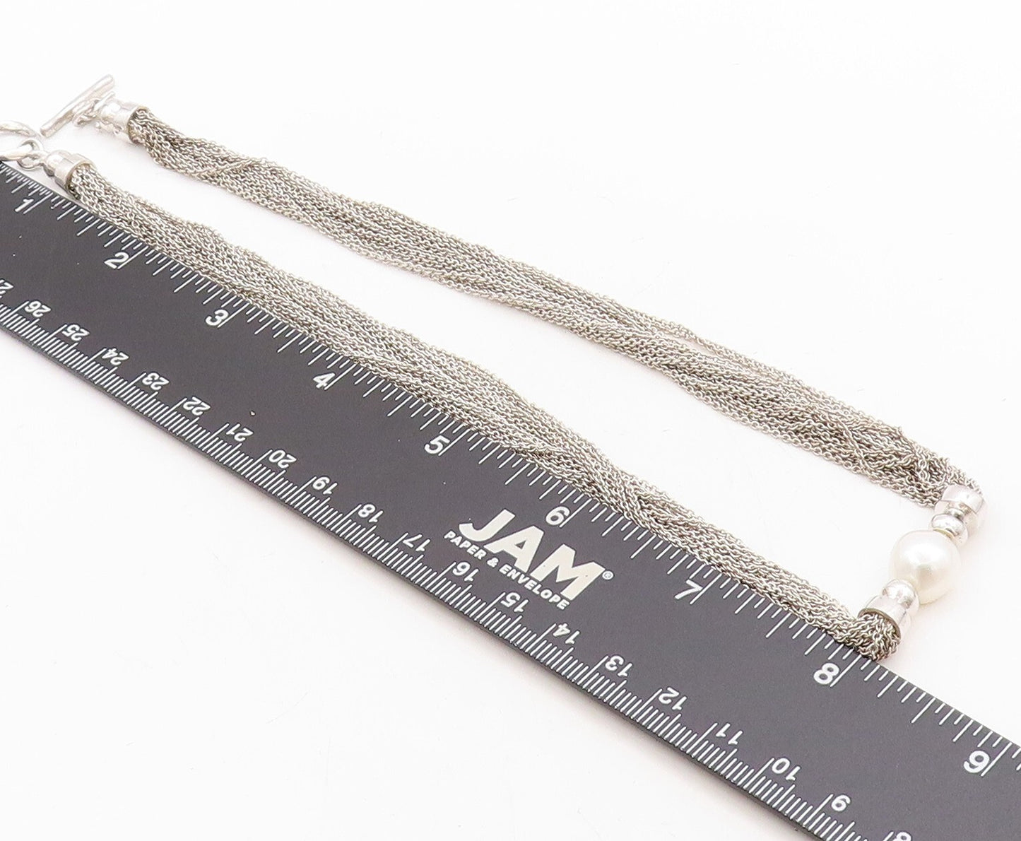 925 Sterling Silver Vintage Necklace Think Multi Chain Designer Pearl  NE4421