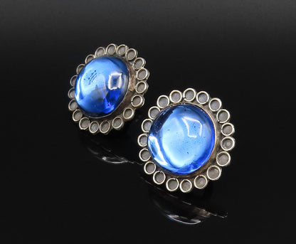 MEXICO 925 Silver  Vintage Unique Blue Amber Screw Back Earrings  EG12142