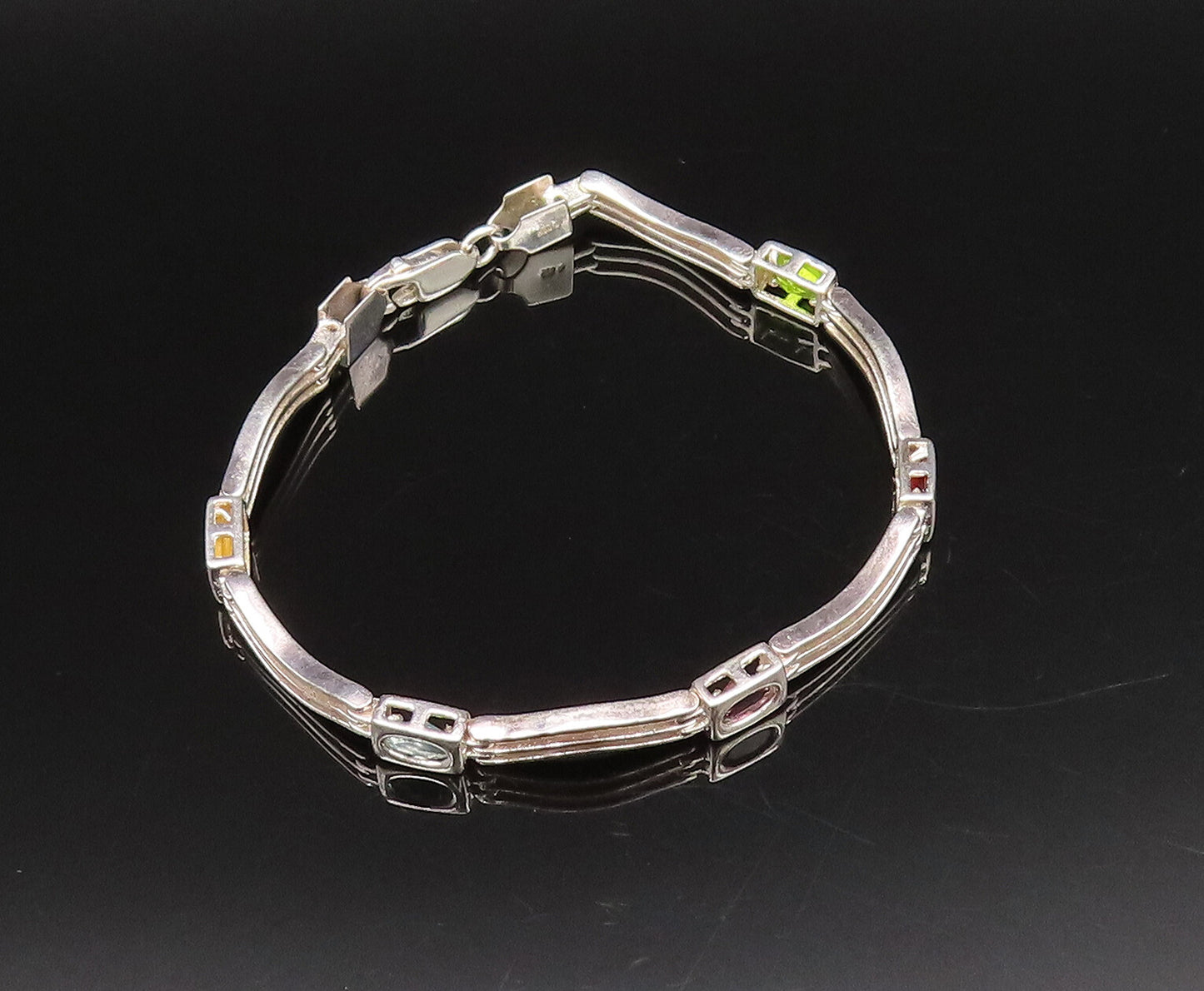 925 Silver  Vintage Peridot Garnet & Gemstones Open Row Link Bracelet  BT9722