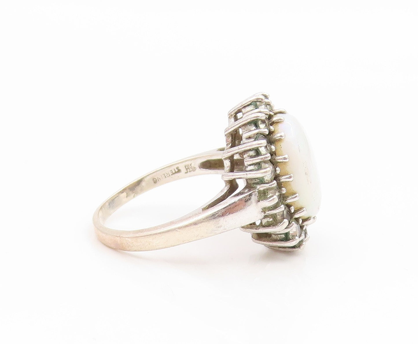 925 Sterling Silver Vintage Ring Cabochon Opal Halo CZ Band  Sz 6.5  RG35183