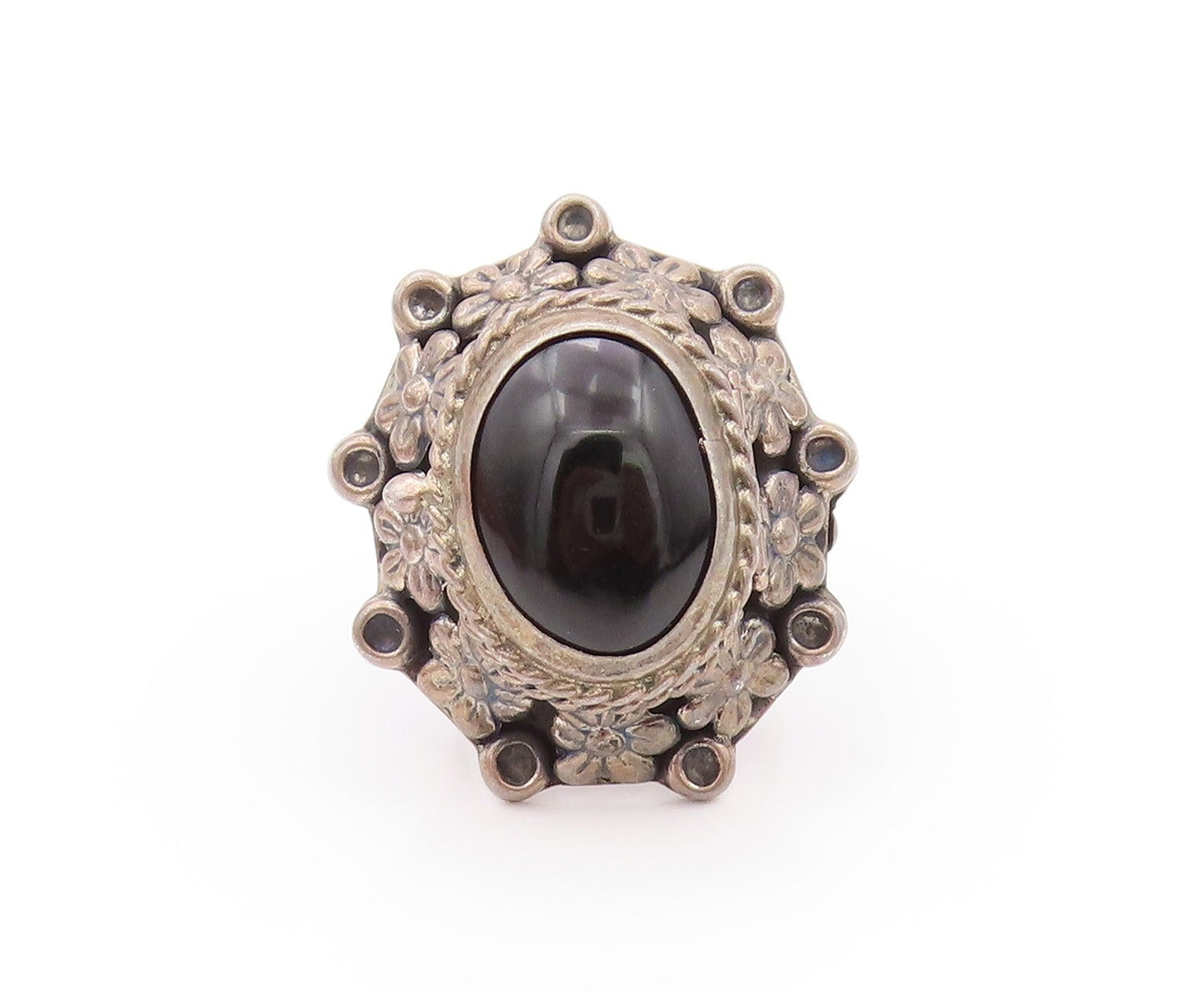 925 Sterling Silver Vintage Ring MEXICO Onyx Dark Tone Floral OPENS SZ 9 RG32111