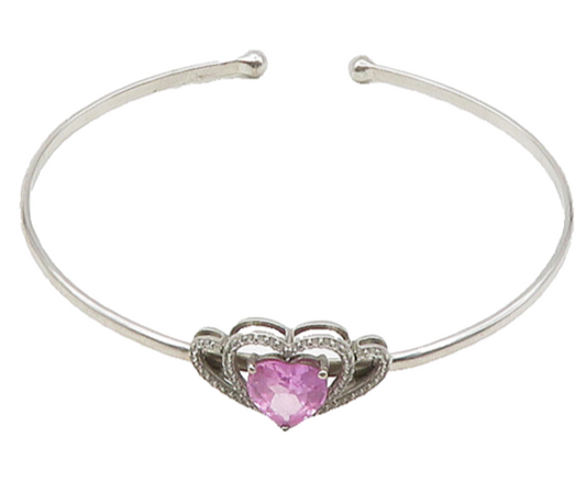 925 Silver  Vintage Genuine Diamonds & Pink Topaz Heart Cuff Bracelet  BT8541