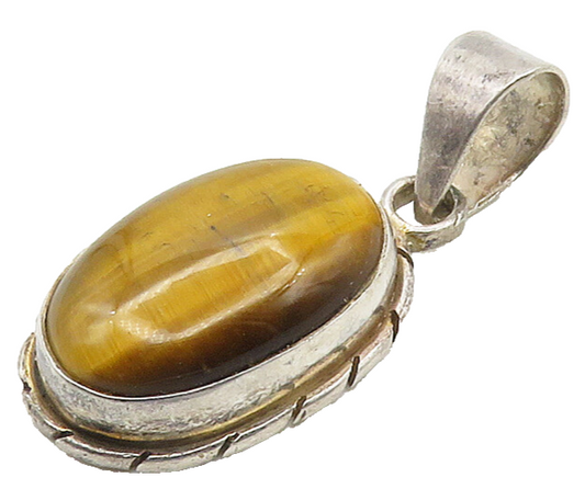 925 Sterling Silver  Vintage Cabochon Cut Tiger's Eye Oval Pendant  PT12174