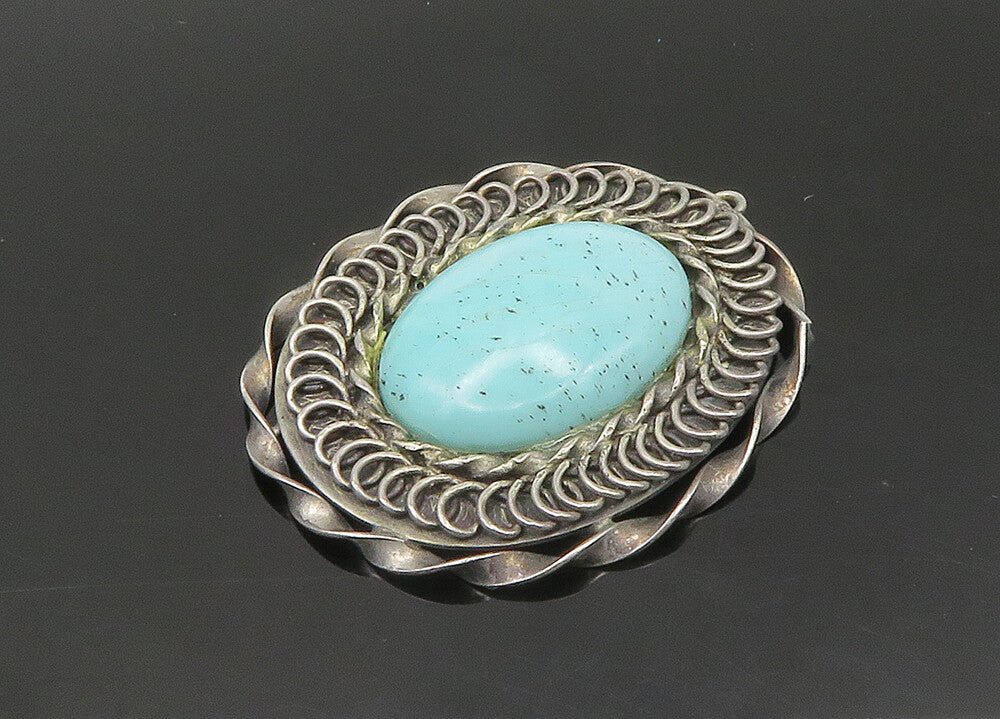 925 Sterling Silver  Vintage Cabochon Turquoise Twist Pendant  PT16338