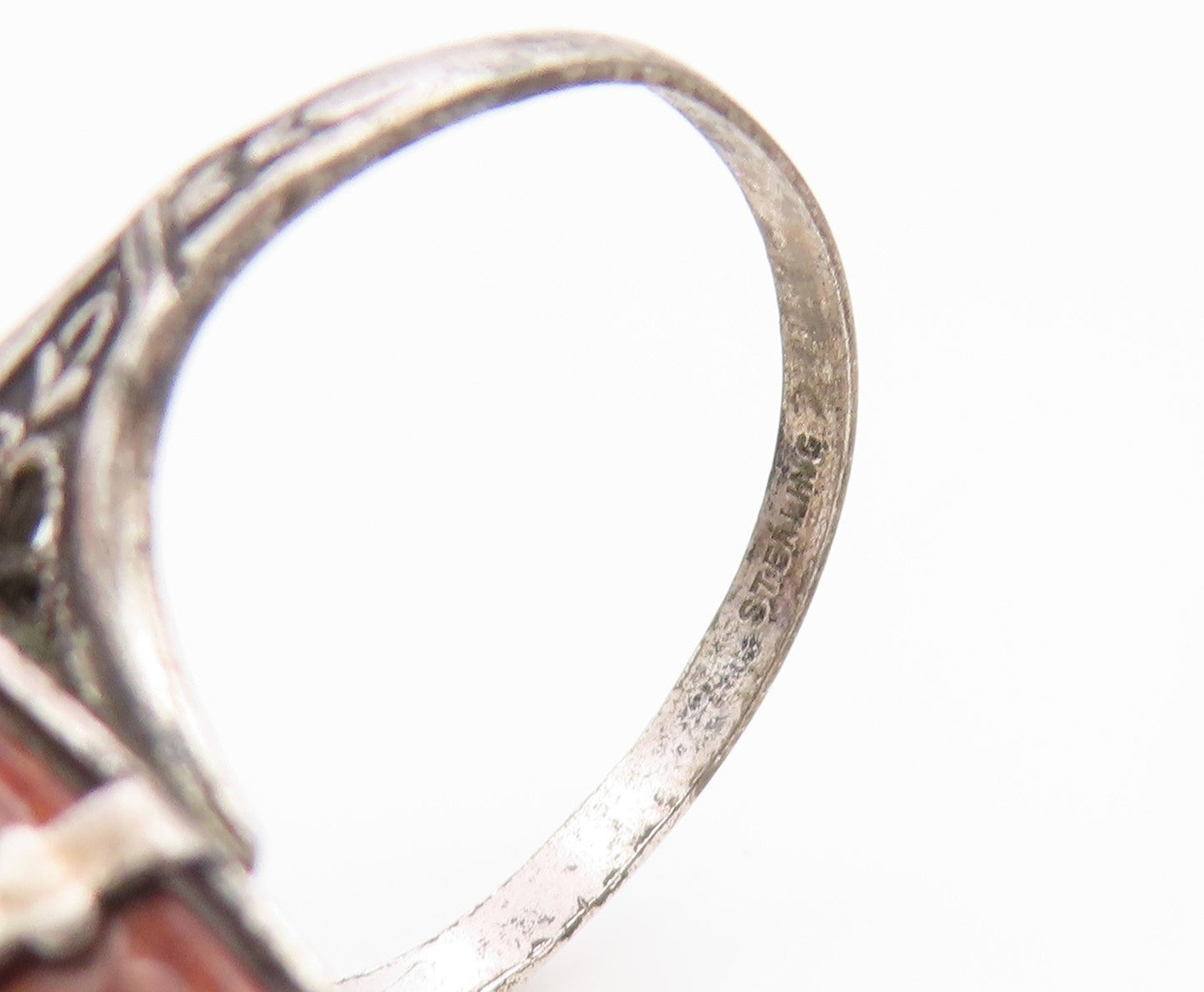 925 Sterling Silver Vintage Ring Modernist Cabochon Wooden Dome  Sz 8.5  RG35572