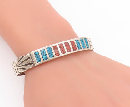 925 Sterling Silver Vintage Bracelet NAVAJO ZUNI Crushed Gemstone Inlay  BT11778