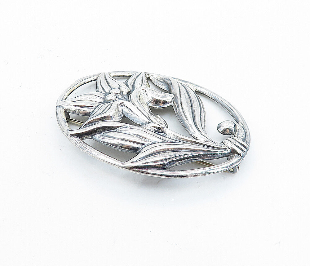 925 Sterling Silver  Vintage Shiny Blooming Flower Oval Brooch Pin  BP2547