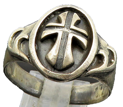 925 Silver Vintage Dark Tone Religious Cross Signet Ring  Sz 13  RG24179