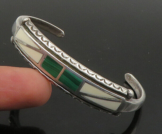 ZUNI NAVAJO 925 Silver  Vintage Malachite & Agate Shiny Cuff Bracelet  BT8943