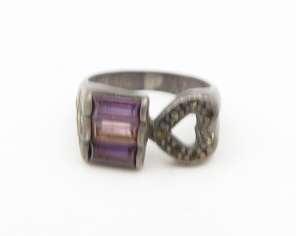 925 Sterling Silver  Vintage Amethyst & Topaz Heart Band Ring Sz 6  RG18694