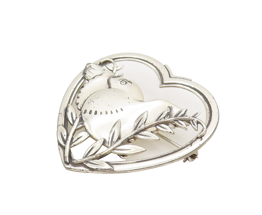 CORO 925 Silver  Vintage Norseland Dove Bird In Love Heart Brooch Pin  BP10174