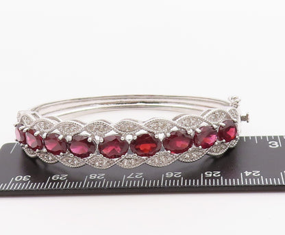 925 Sterling Silver Vintage Bracelet Oval Ruby & CZ Triple Row Bangle  BT11393