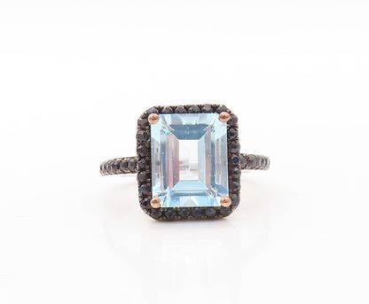925 Sterling Silver Vintage Ring Rectangle Blue Topaz Halo Spinel  Sz 7 RG30843