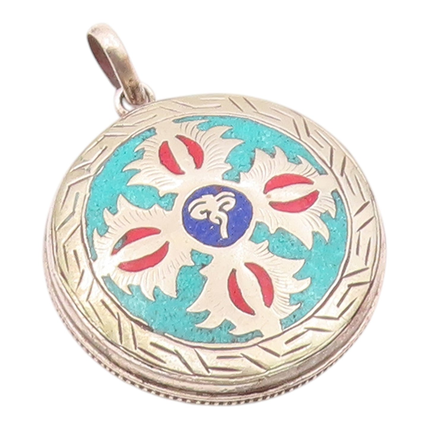 925 Sterling Silver  Vintage Enamel Symbol Etched Border Pendant  PT20082