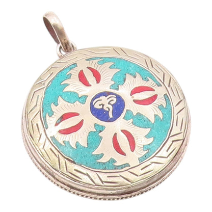925 Sterling Silver  Vintage Enamel Symbol Etched Border Pendant  PT20082