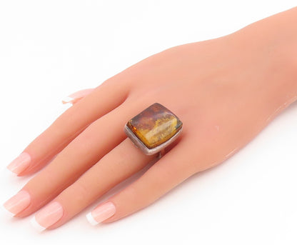 925 Sterling Silver Vintage Ring Amber Geometric Square Band  Sz 7.5  RG35265