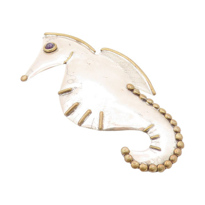925 Sterling Silver Vintage Brooch LOUIS BOOTH Amethyst Eyed Sea Horse  BP11534