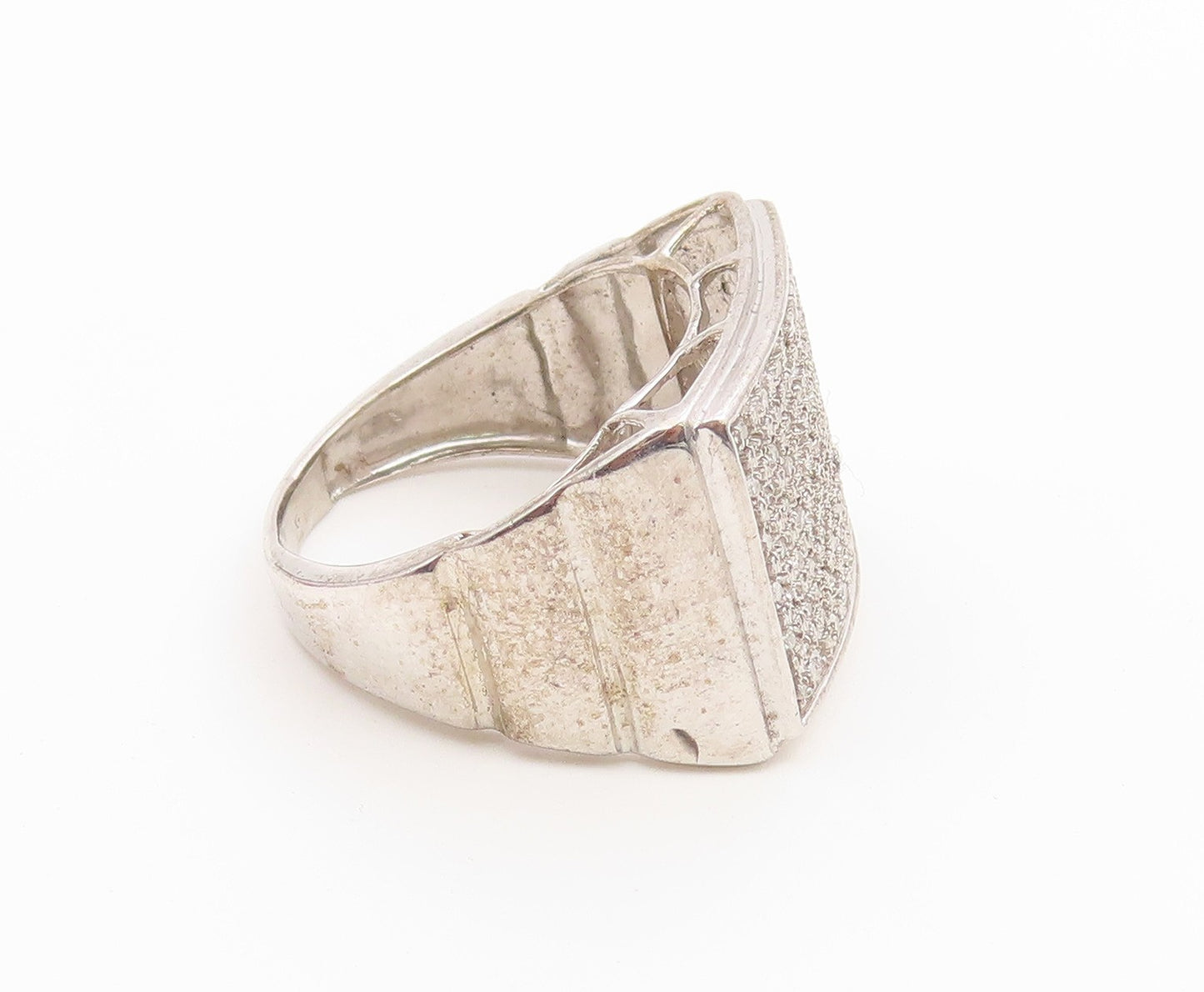 925 Sterling Silver Vintage Ring Real Diamonds Pave Statement Band Sz 8 RG36795