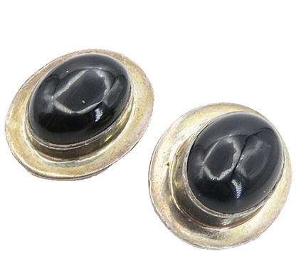 MEXICO 925 Silver  Vintage Cabochon Cut Black Onyx Non Pierce Earrings  EG4592