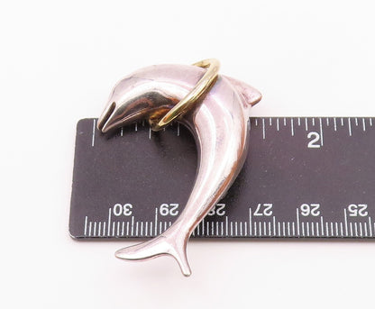 925 Sterling Silver  Vintage Shiny Two Tone Leaping Dolphin Brooch Pin  BP8784