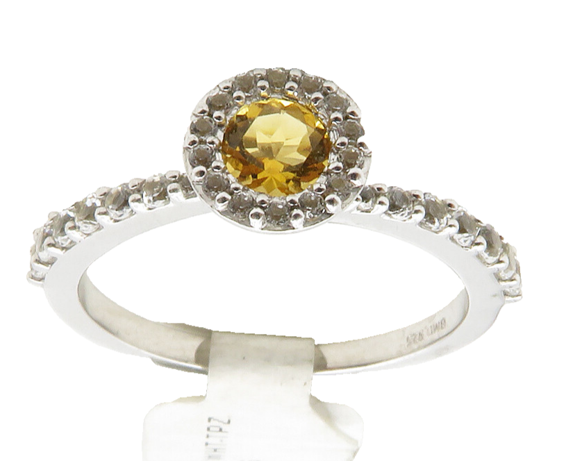 925 Sterling Silver  Citrine & White Topaz Shiny Band Ring Sz 6.5  RG12856