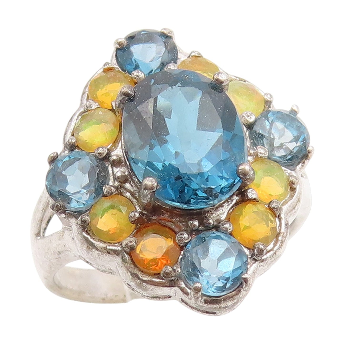 925 Sterling Silver Vintage Ring Sapphire & Opal Cluster Band  Sz 8  RG34986