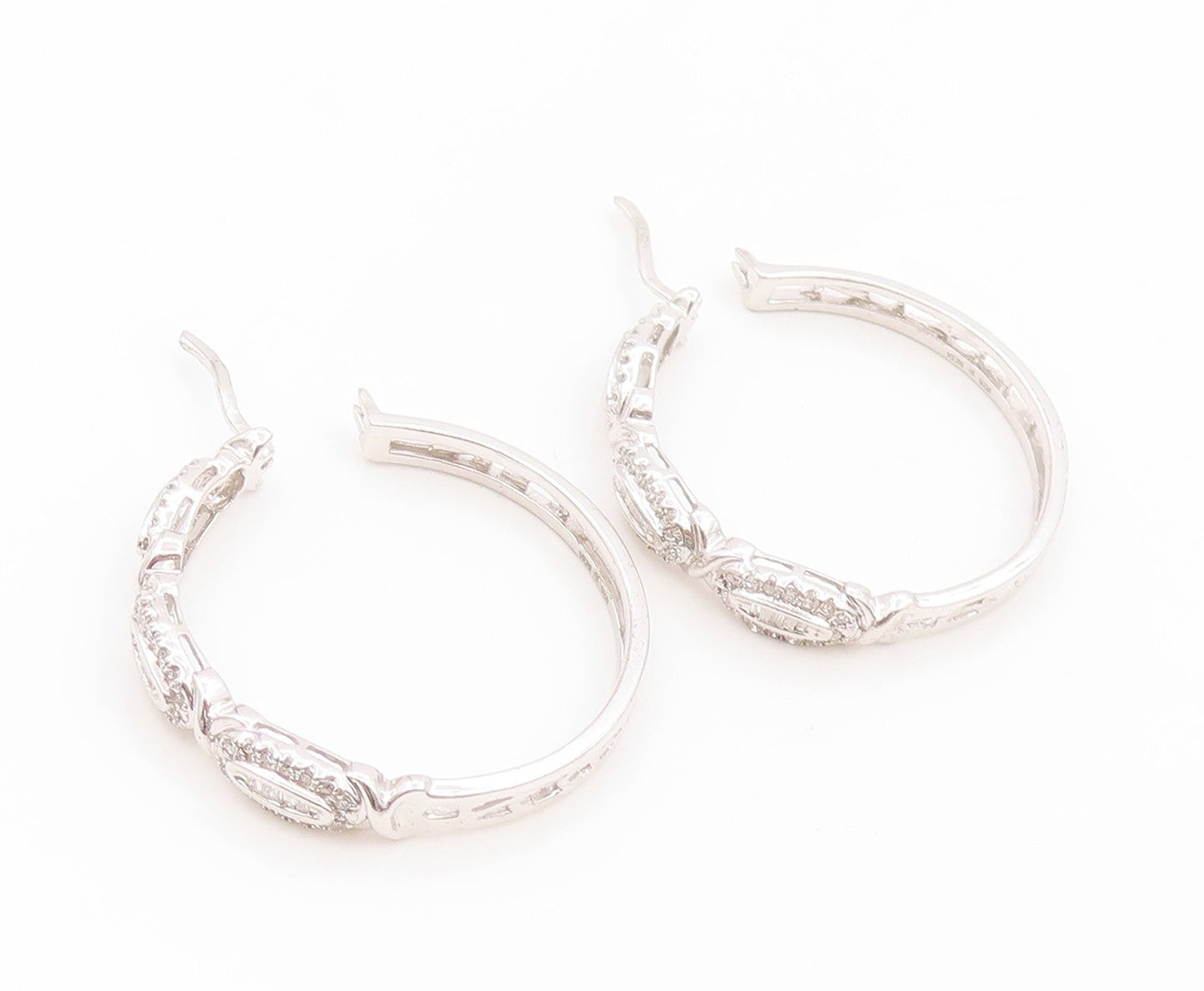 925 Sterling Silver Vintage Earrings Real 1/2ct Diamonds Elegant Hoops  EG14019