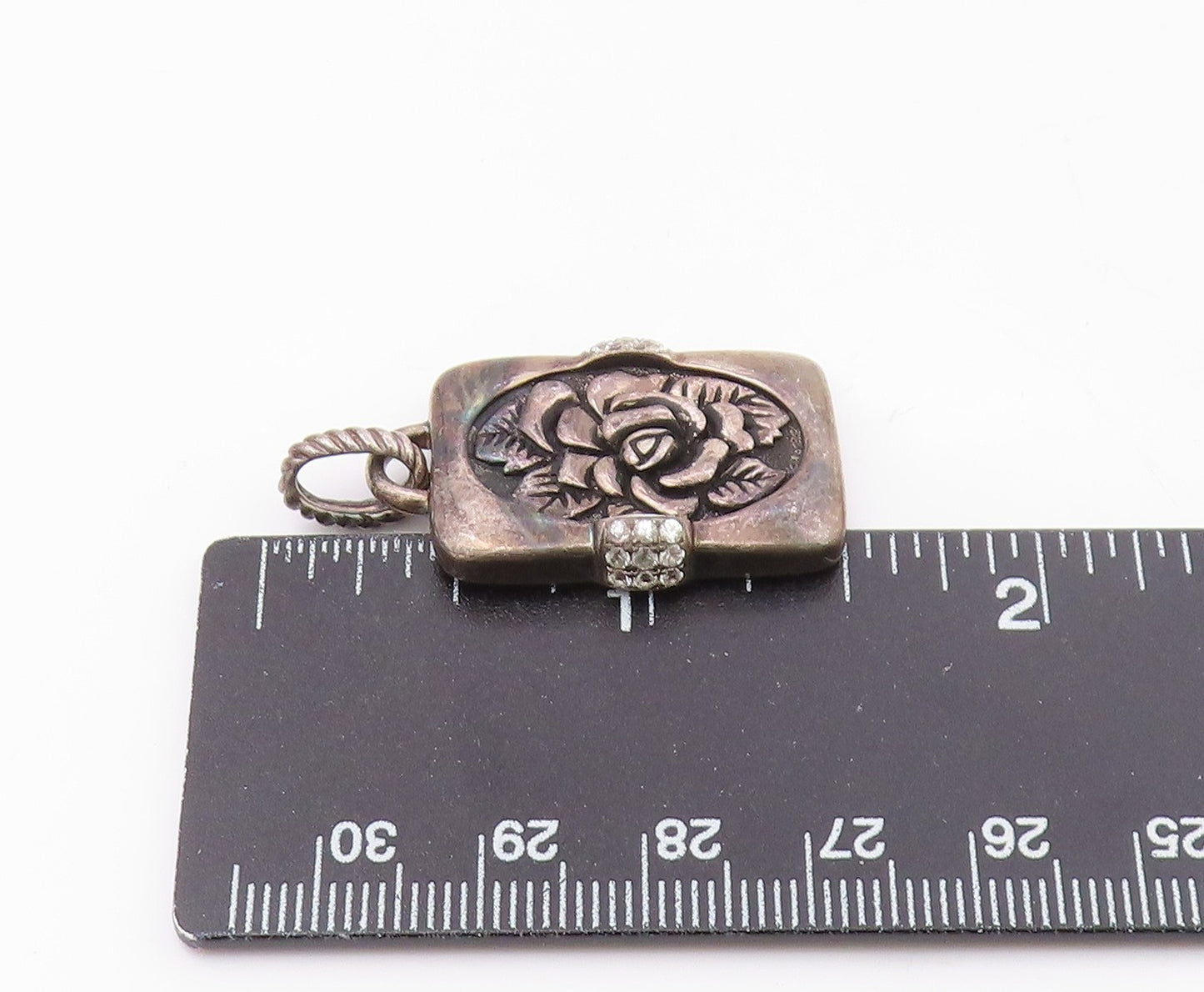925 Silver  Vintage Carved Rose Flower With Cubic Zirconia Pendant  PT20713