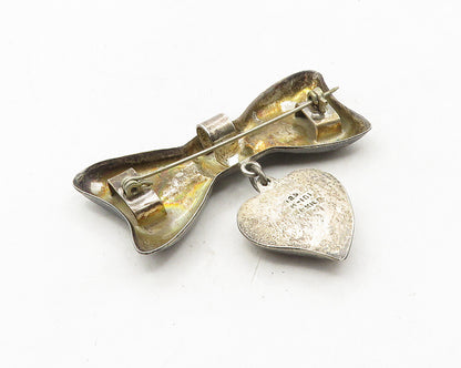 MEXICO 925 Sterling Silver  Vintage Dark Tone Ribbon Heart Brooch Pin  BP3996