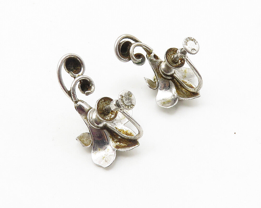 925 Sterling Silver  Vintage Shiny Sculpted Flower Non Pierce Earrings  EG5608