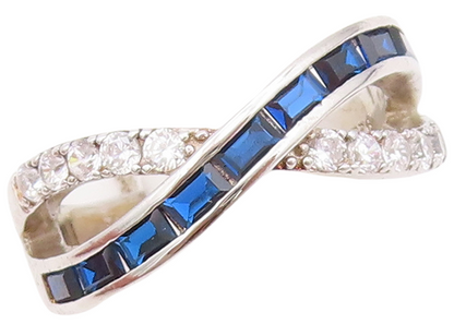 925 Sterling Silver Vintage Ring Rectangle Sapphire & CZ X Band  Sz 7  RG30417