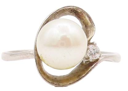 925 Sterling Silver Vintage Ring Designer Carved Pearl & Topaz  Sz 7.5  RG28414
