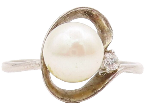 925 Sterling Silver Vintage Ring Designer Carved Pearl & Topaz  Sz 7.5  RG28414
