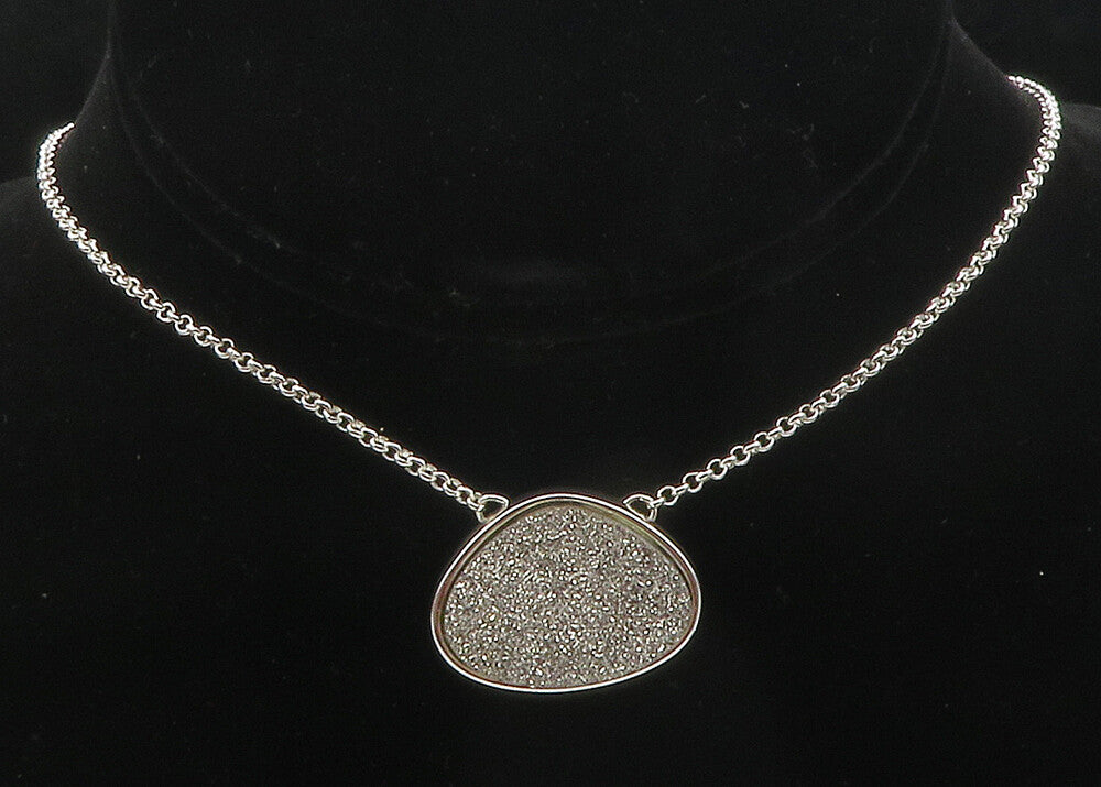 925 Sterling Silver  Druzy Stone Shiny Polished Thin Chain Necklace  NE2040