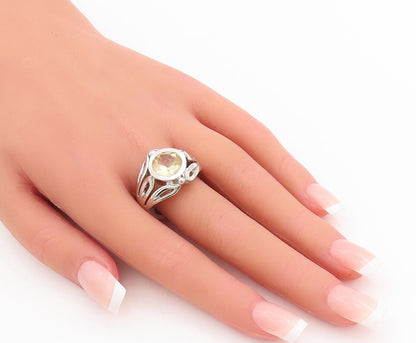 925 Sterling Silver Vintage Ring Leaf Border Cutout Neck Citrine  Sz 8  RG28658