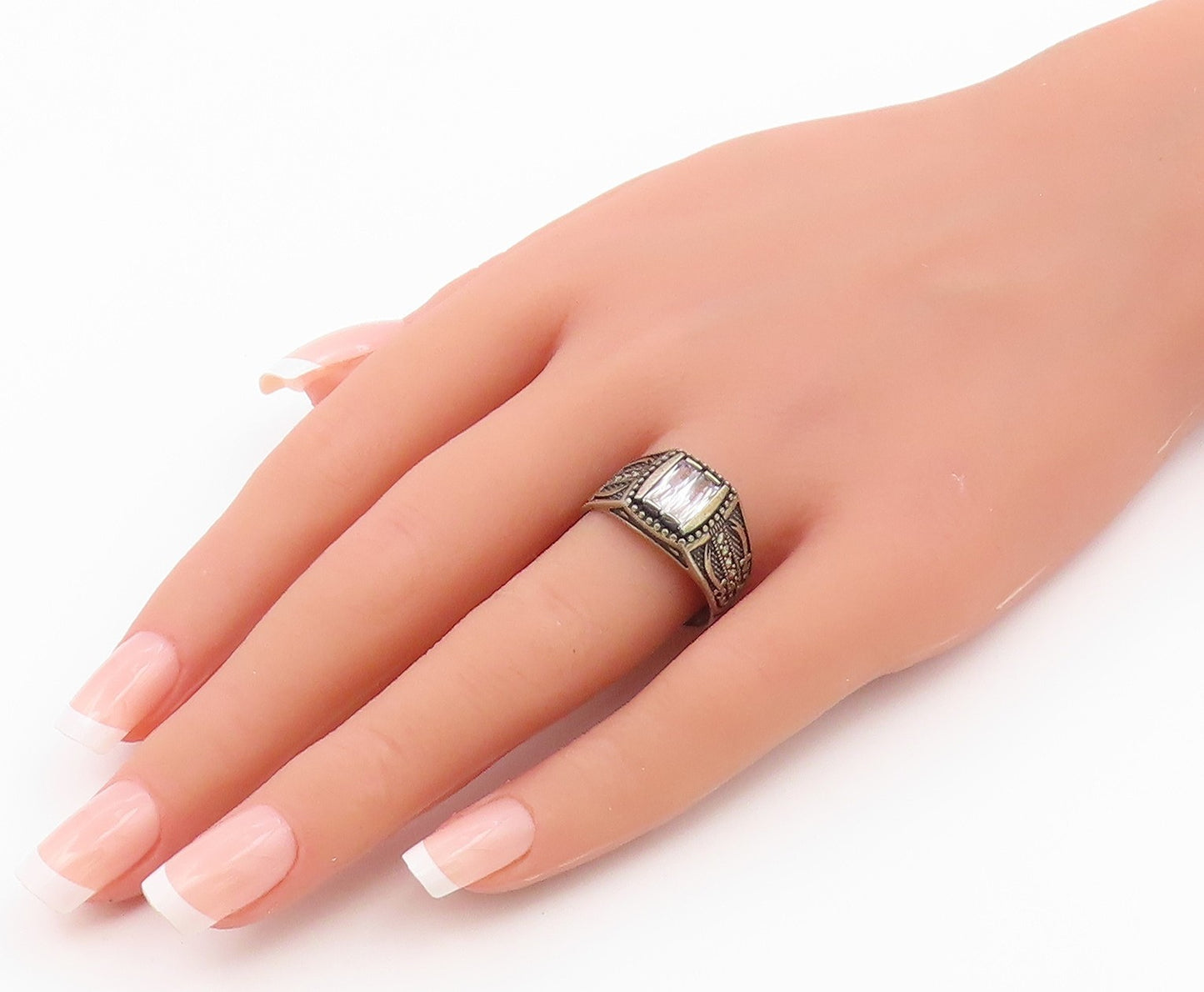 925 Sterling Silver Vintage Ring Baguette CZ Statement Band  Sz 9.5  RG36561