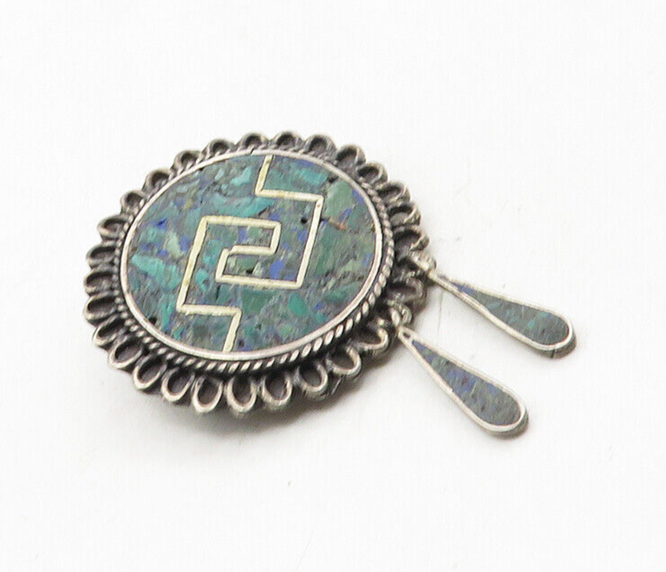 MEXICO 925 Sterling Silver  Vintage Crushed Chrysocolla Brooch Pin  BP3974