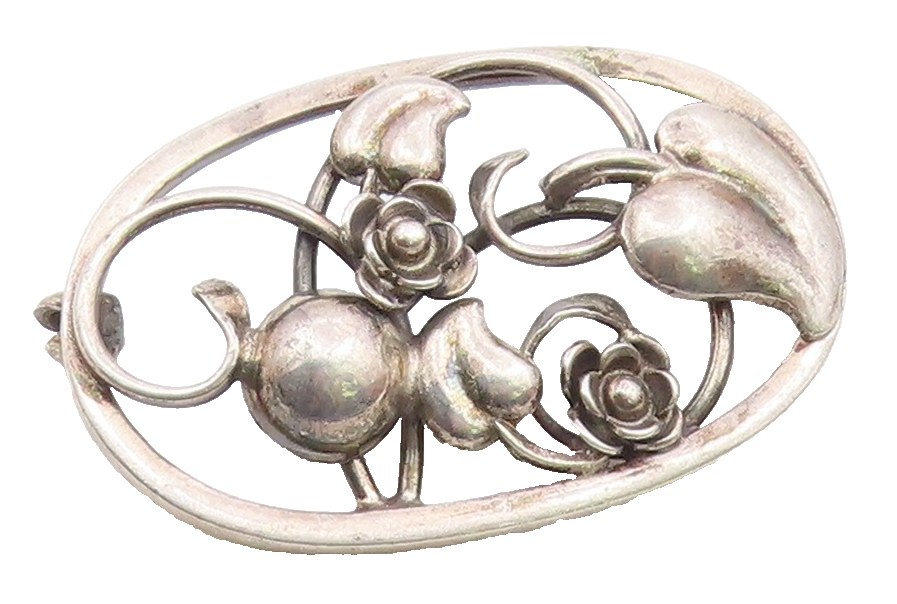 EUROPEAN 925 Sterling Silver Vintage Rose Flower Vine Cutout Brooch Pin BP9666