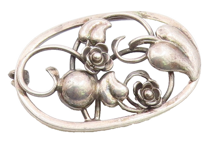 EUROPEAN 925 Sterling Silver Vintage Rose Flower Vine Cutout Brooch Pin BP9666