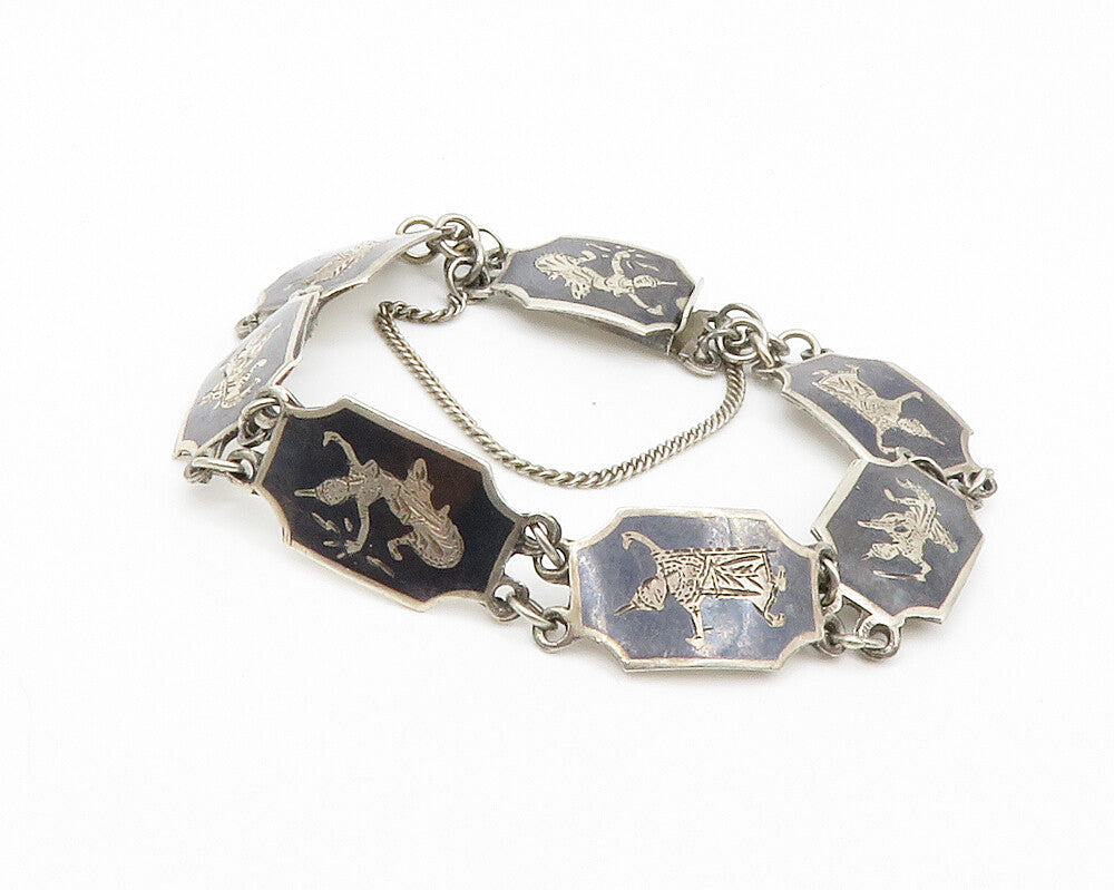 SIAM 925 Sterling Silver  Vintage Enamel Niello Dancer Chain Bracelet  BT4992