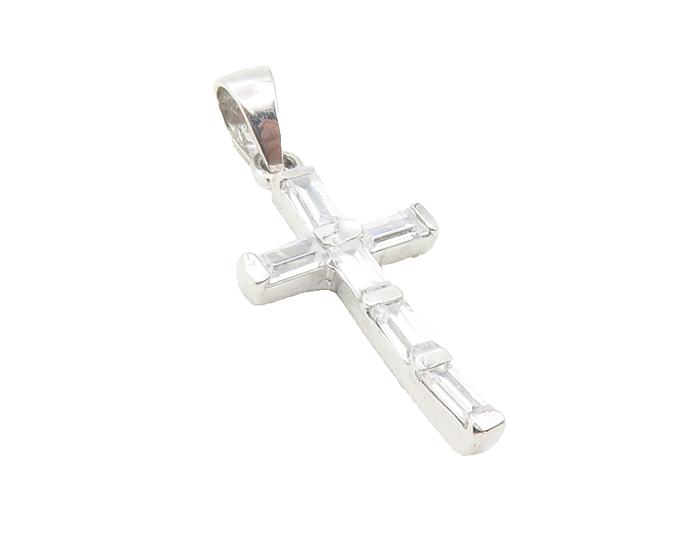 925 Sterling Silver  Shiny Cubic Zirconia Religious Cross Drop Pendant  PT9563
