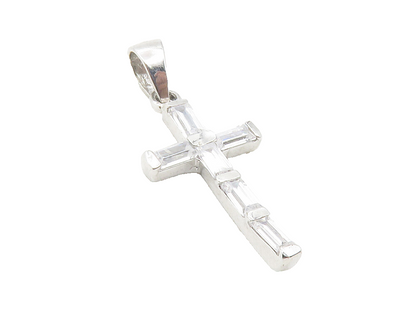925 Sterling Silver  Shiny Cubic Zirconia Religious Cross Drop Pendant  PT9563