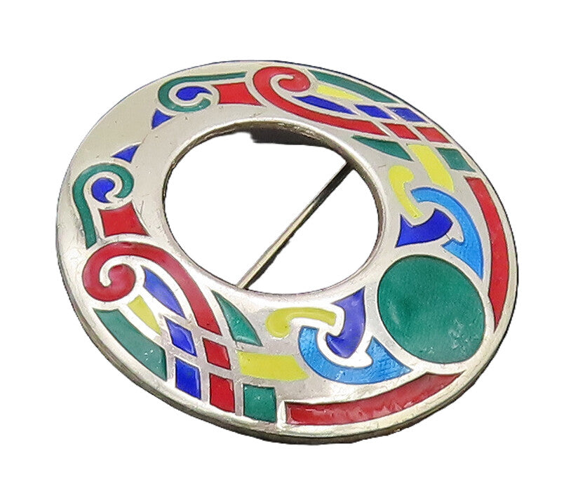 925 Sterling Silver Vintage Brooch Pin EUROPE Swirly Carved Enameled  BP10599
